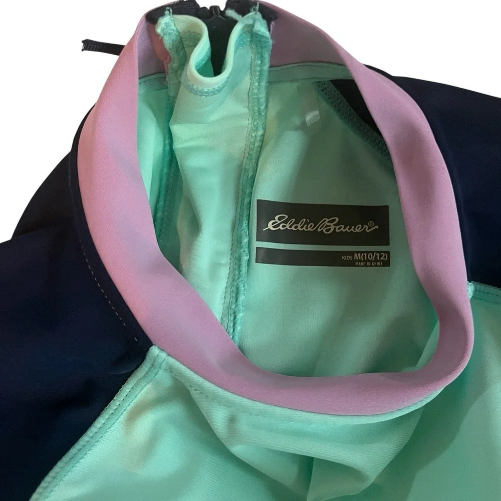 Eddie Bauer Girls Size M 10/12 Rashguard Sea Green Navy Purple Short Sleeve